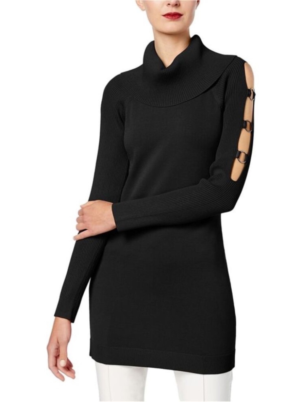 INC International Concepts Ribbed Cowl Neck Ring Detail Sweater Tunic L Black